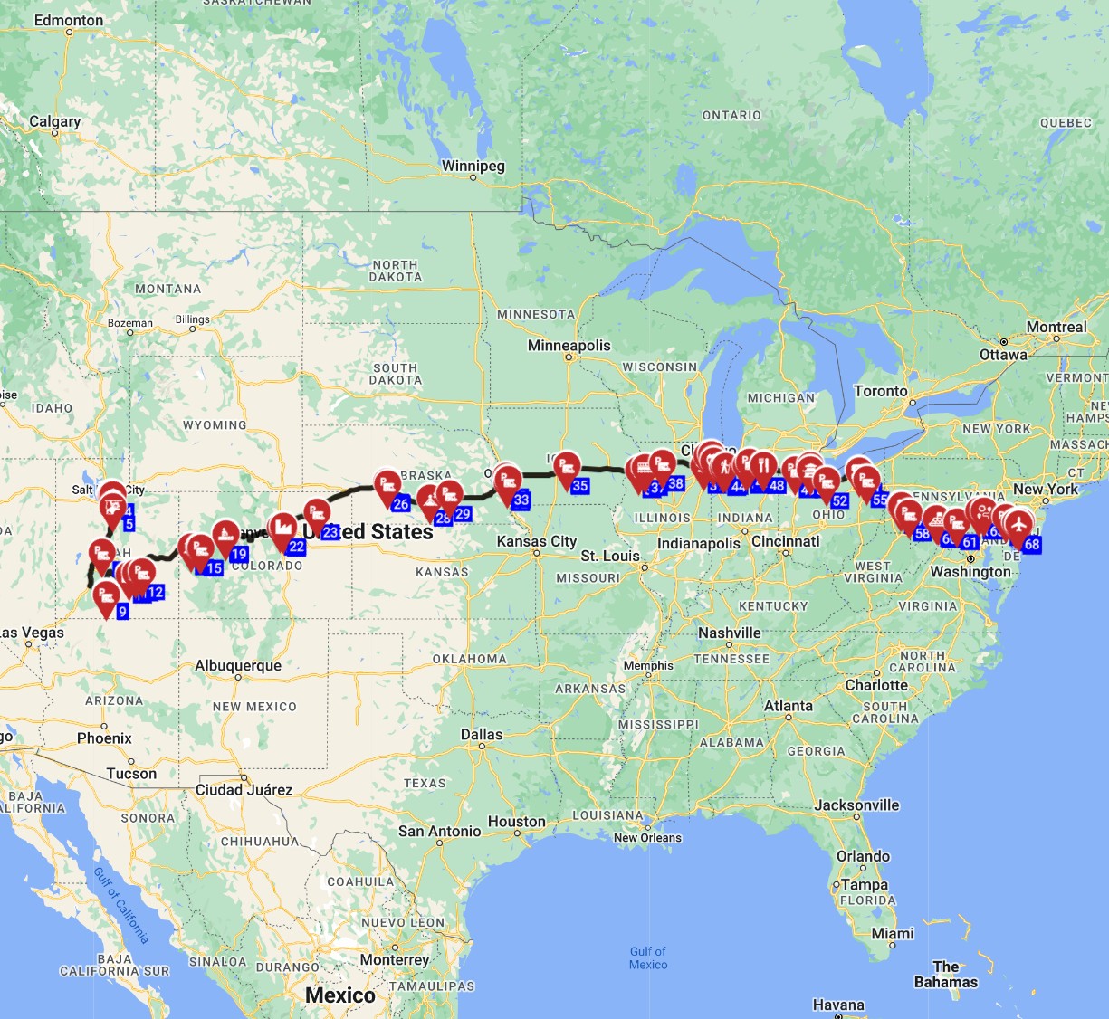 Map for Salt Lake City to Philadelphia - Landscapes and Landmarks Journey